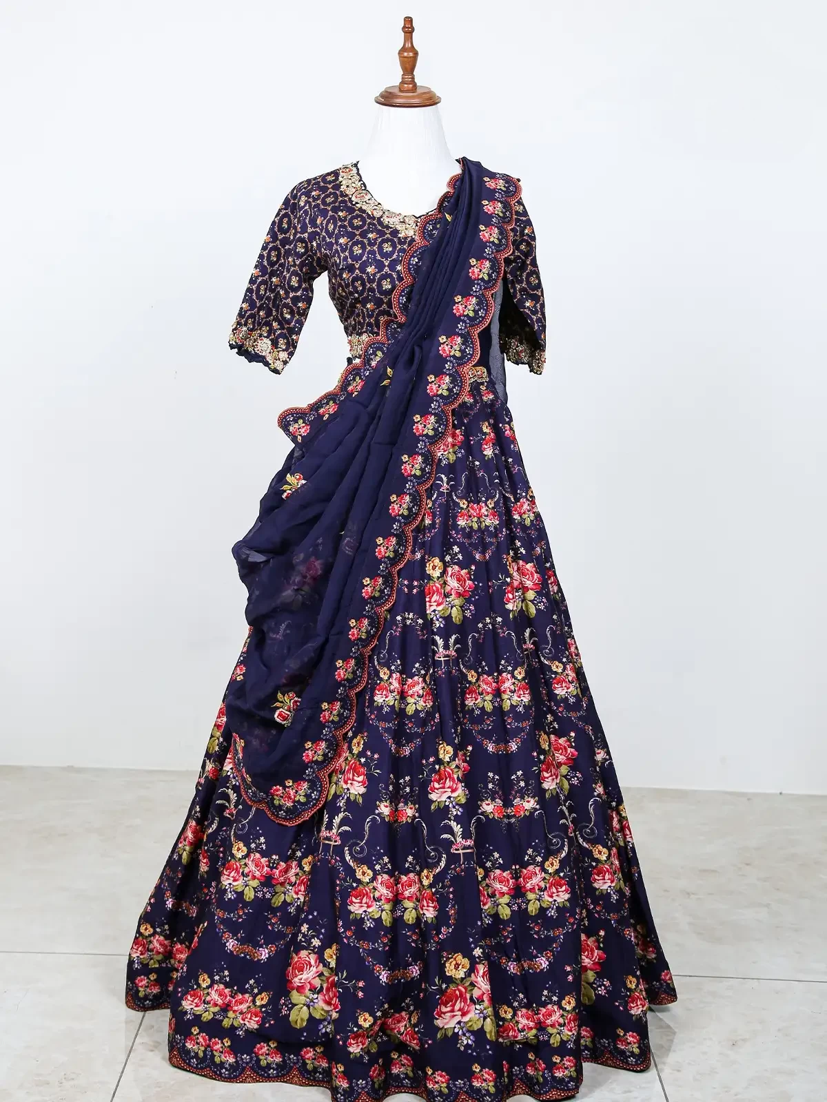 Navy Blue Lehenga Adorned with Floral Prints and Embroidered Top with Dupatta
