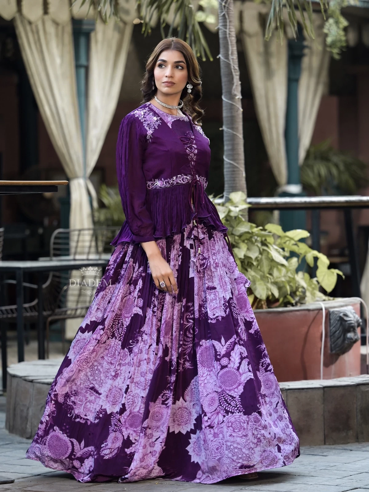 Purple Georgette Indo-western Lehenga Embellished With Floral Prints And Sequins, Paired With Overcoat