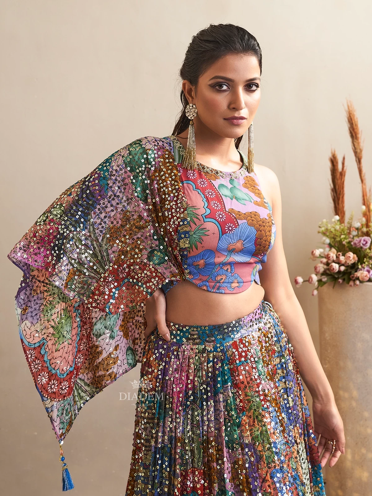 Vibrant Multicolored Chiffon Indo-western Lehenga With Floral Prints And Sequin Embellishments