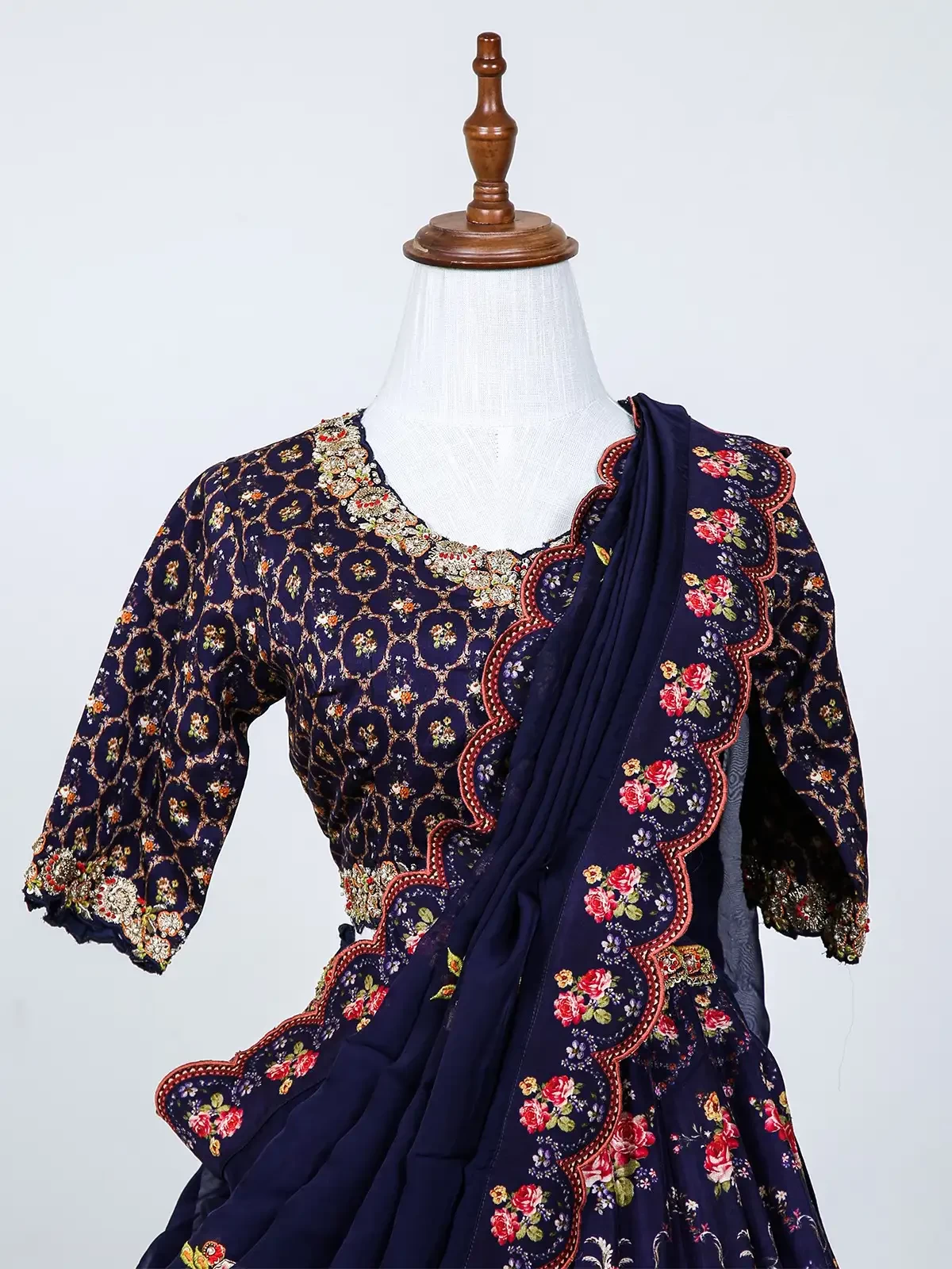 Navy Blue Lehenga Adorned With Floral Prints And Embroidered Top With Dupatta