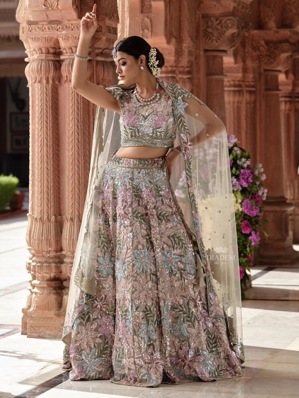 Pista Green Organza Lehenga With Floral Sequin Embellishments, Paired With Dupatta