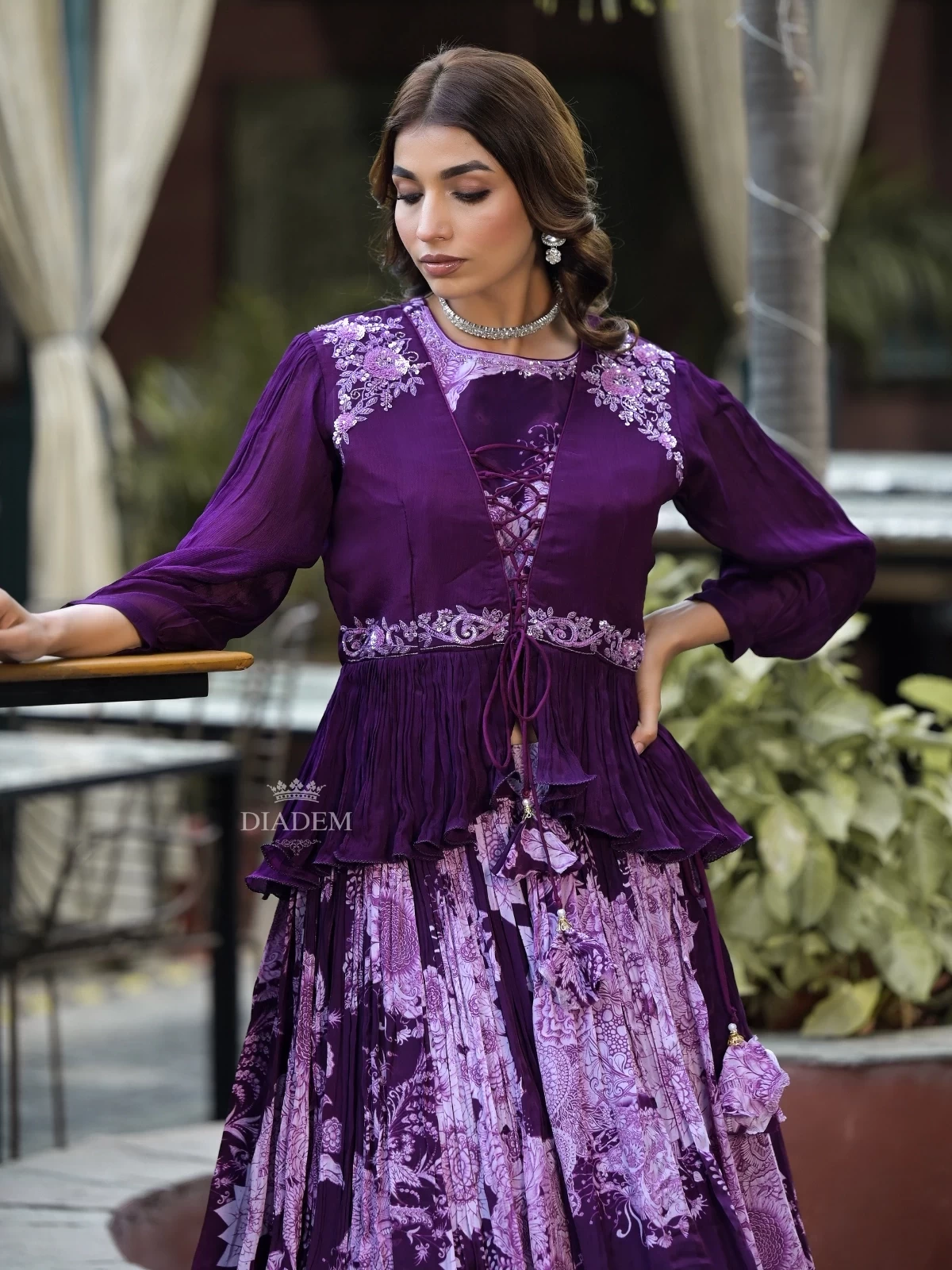 Purple Georgette Indo-western Lehenga Embellished With Floral Prints And Sequins, Paired With Overcoat