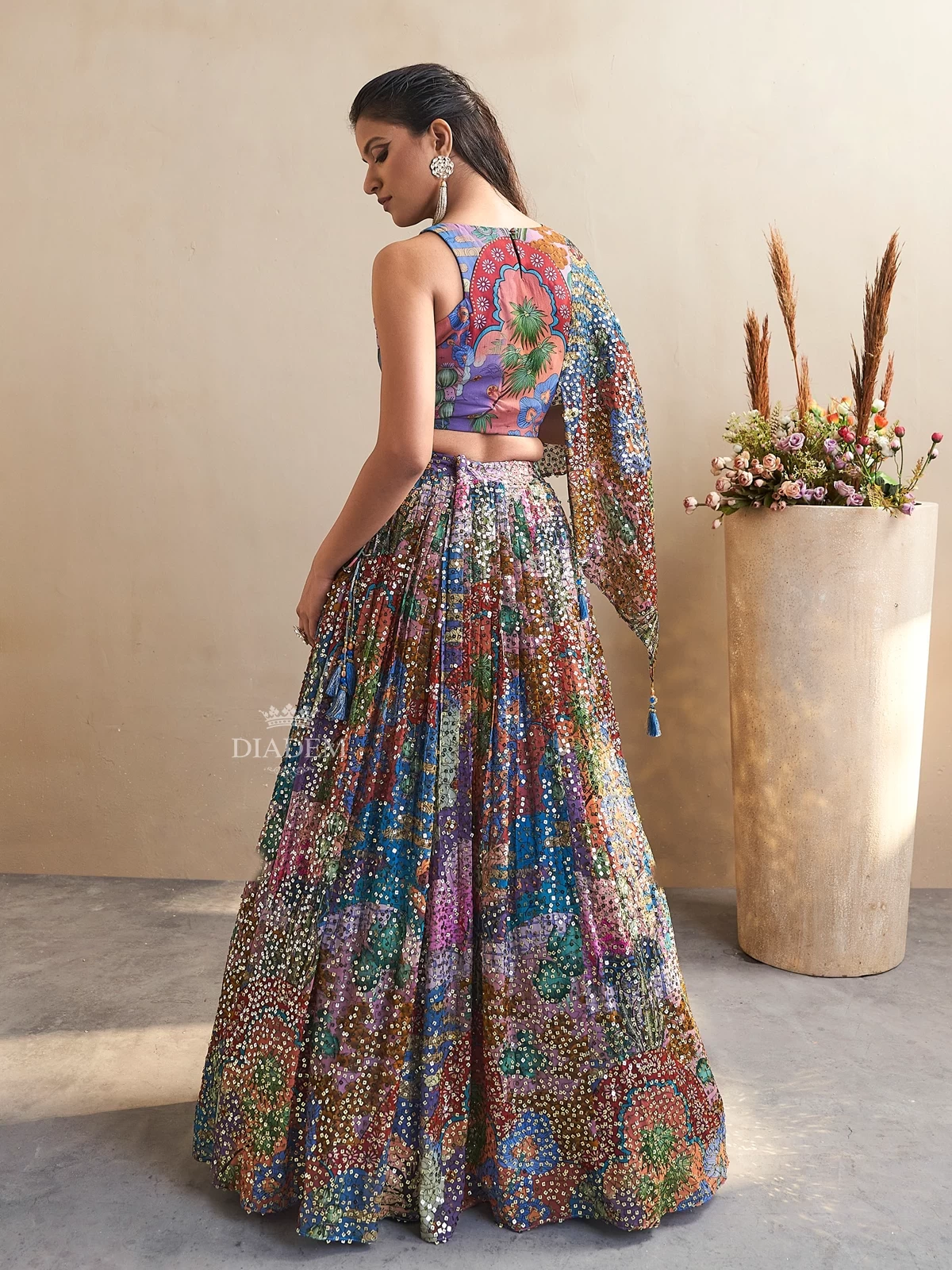 Vibrant Multicolored Chiffon Indo-western Lehenga With Floral Prints And Sequin Embellishments