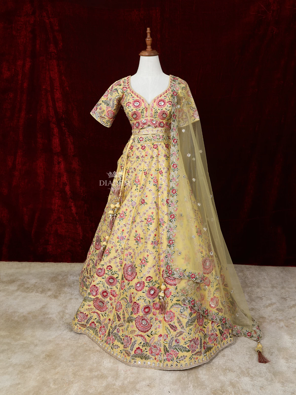 Yellow Silk Lehenga Embellished with Floral Threadwork Embroidery, Paired with Net Dupatta