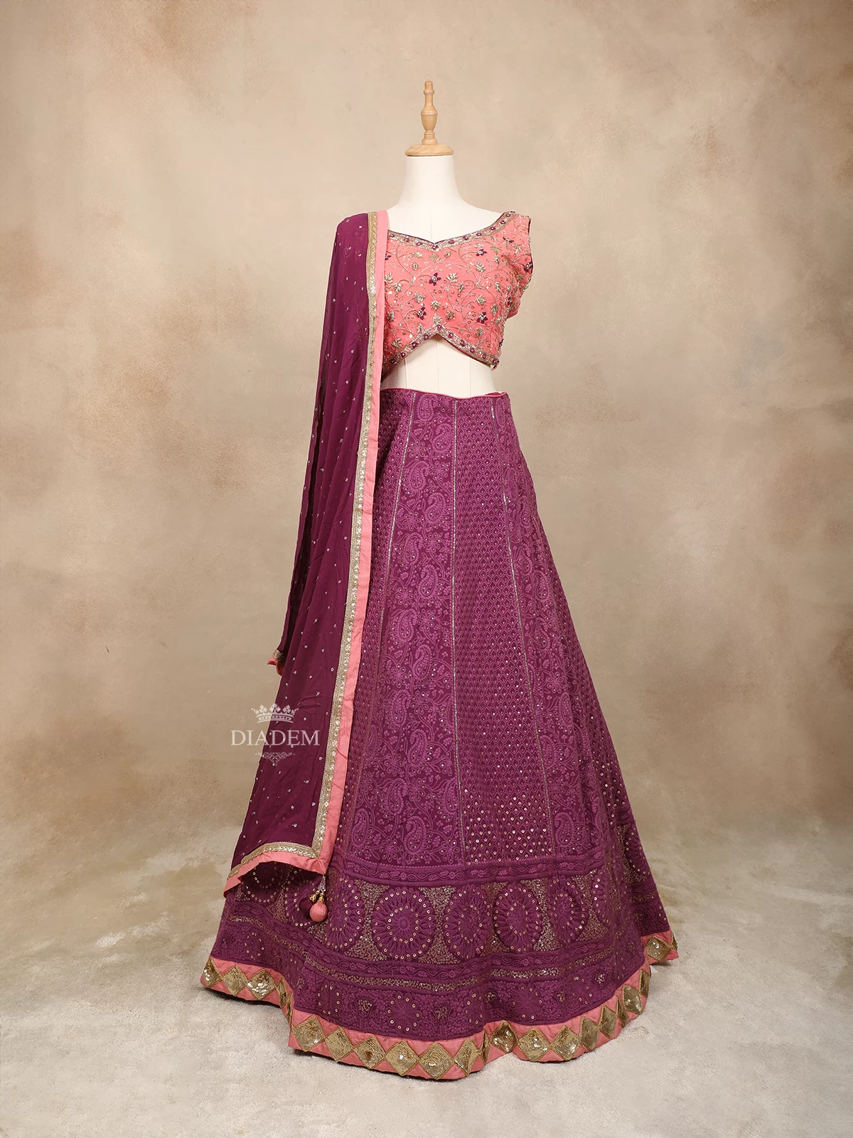 Purple Silk Bridal Lehenga Adorned with Floral Threadwork Embroidery and Beads, Paired with Dupatta