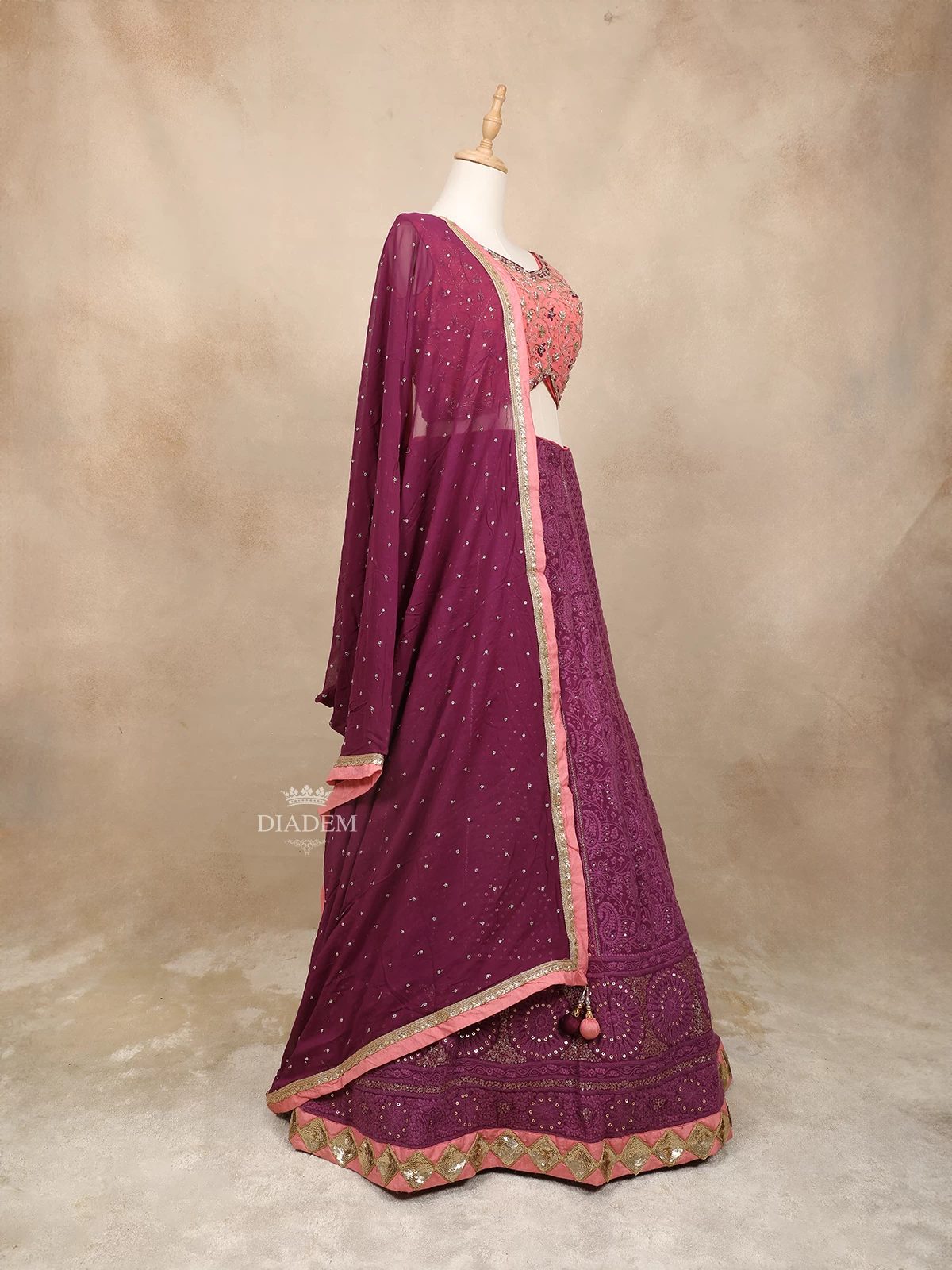 Purple Silk Bridal Lehenga Adorned With Floral Threadwork Embroidery And Beads, Paired With Dupatta
