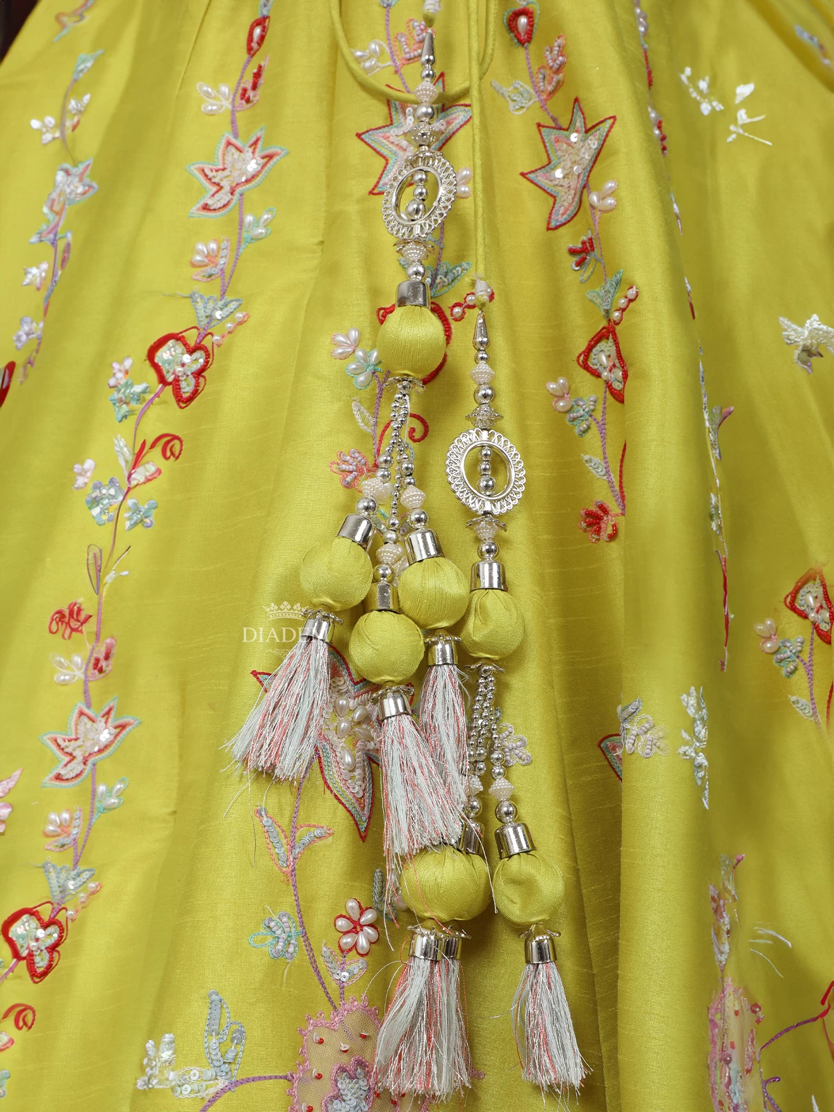 Lemon Yellow Silk Lehenga Adorned With Threadwork Embroidery, Paired With Net Dupatta