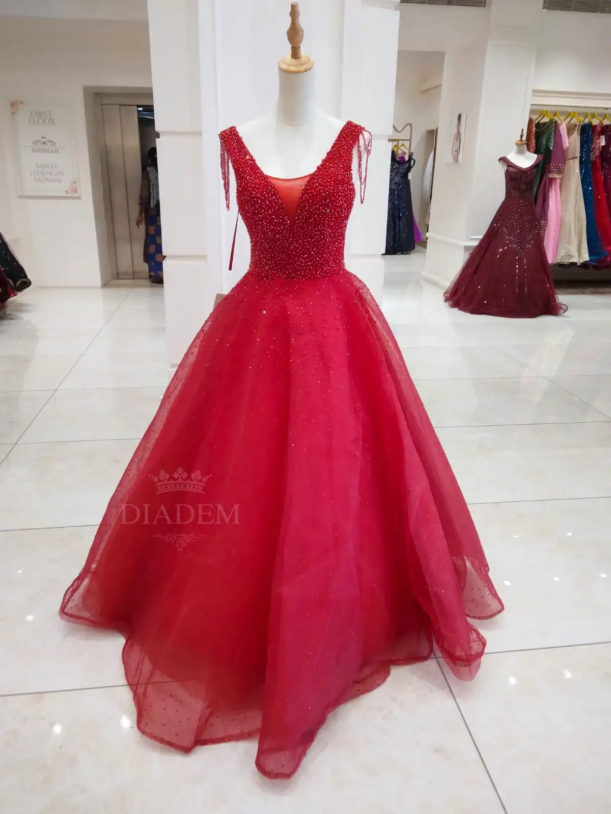 Red Gown with Mini Bead Work