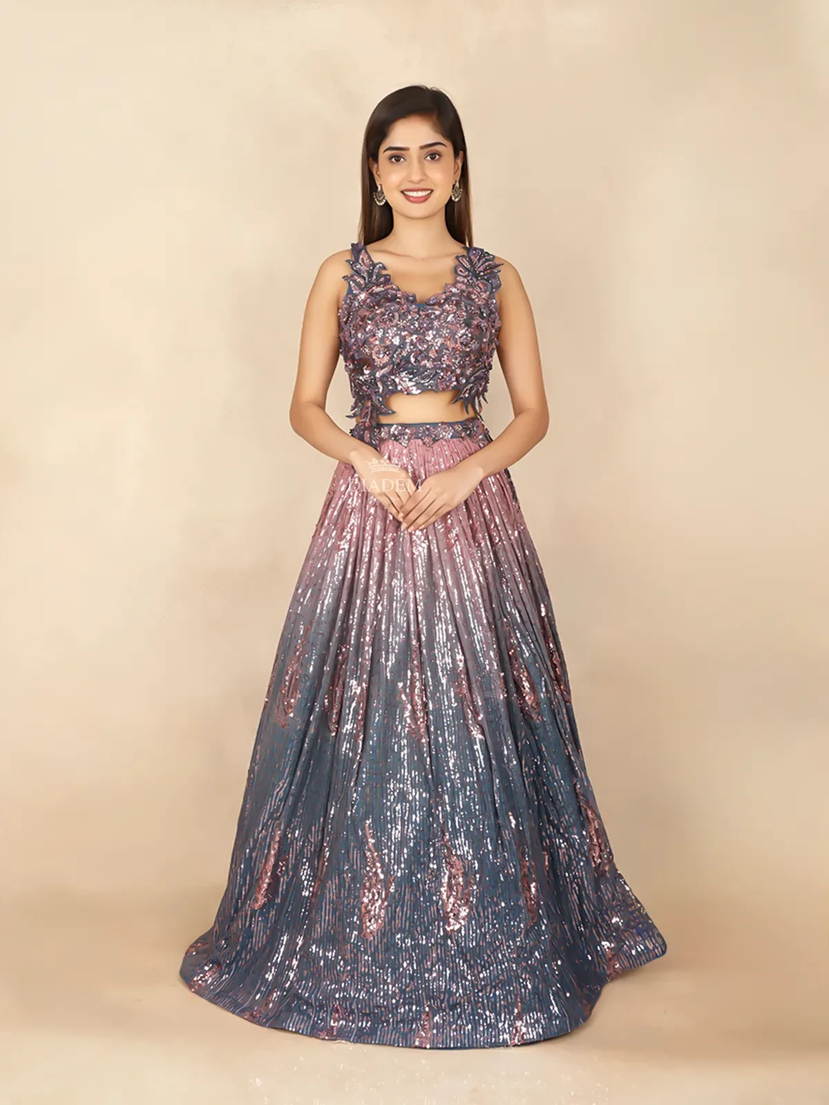 Pale Blue Lehenga Adorned With Sequins And 3d Flower Design And Paired With Dupatta