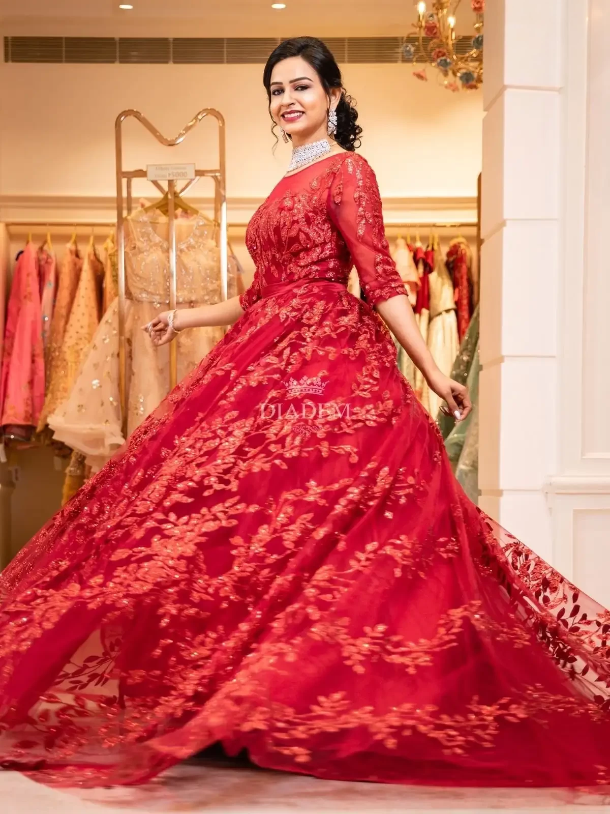 Red Ball Gown Embellished With Floral Laces And Beads