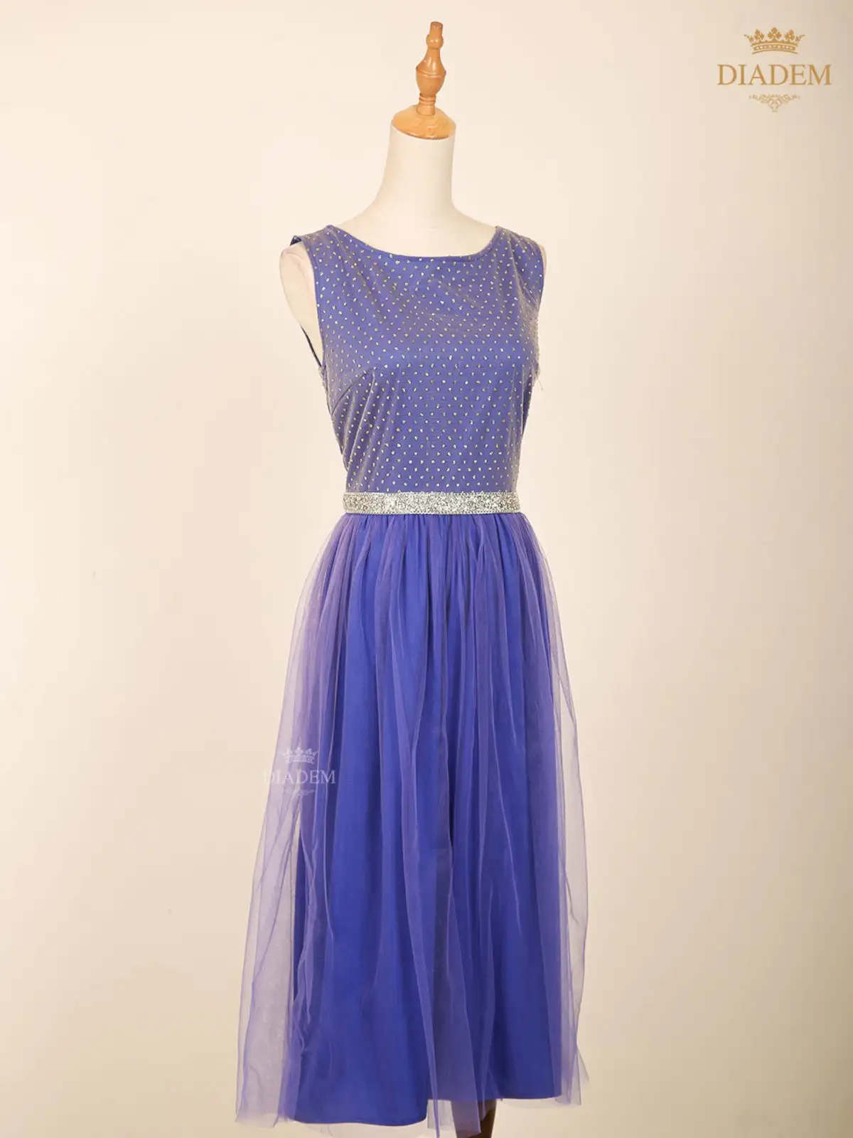 Royal Blue Netted Short Gown Adorned In Glitters