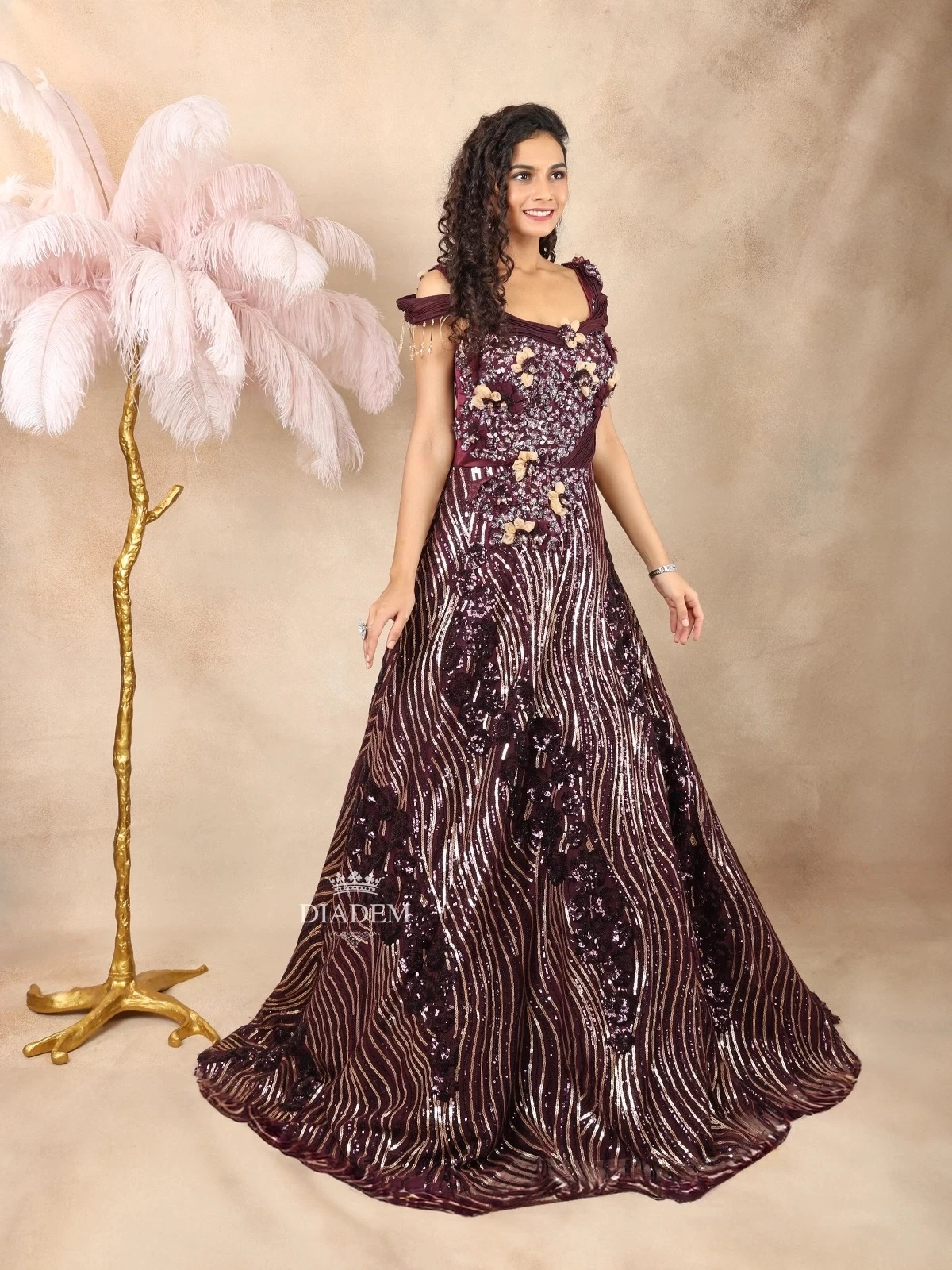 Dark Purple Net Gown Embellished With Sequins And 3d Flowers