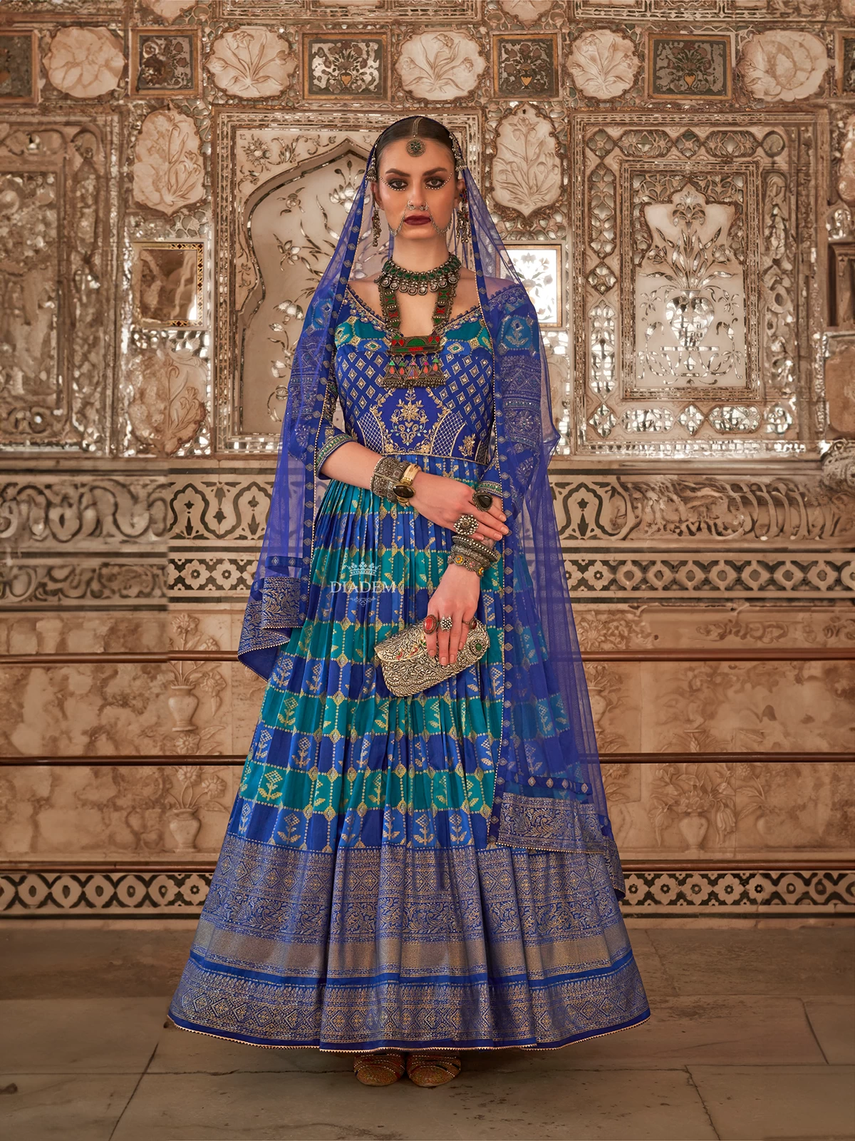 Royal Blue Silk Gown With Adorned With Prints And Embroideries, Paired With Dupatta