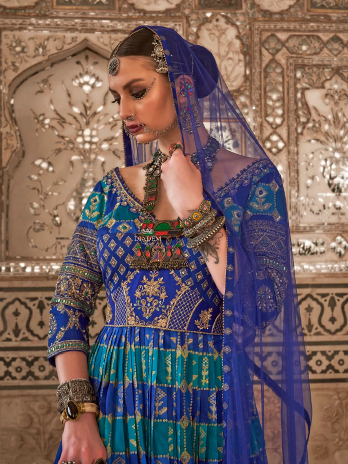 Royal Blue Silk Gown With Adorned With Prints And Embroideries, Paired With Dupatta