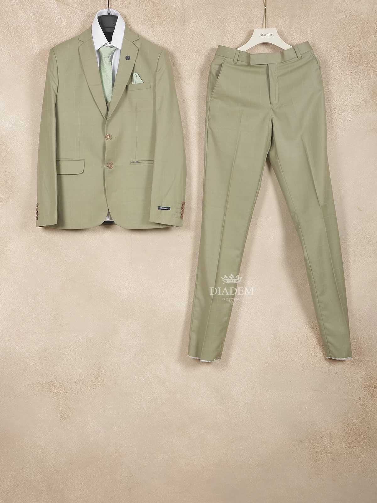 Pista Green Cotton Blend Coat Suit Paired with Matching Tie