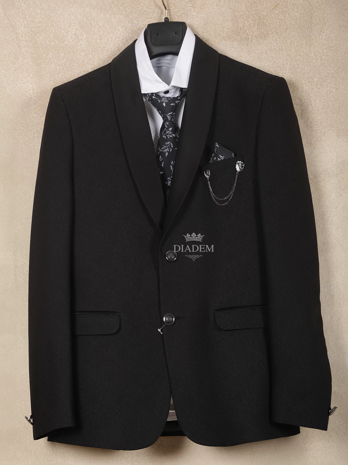 Black Cotton Blend Coat Suit Paired With Matching Tie And Brooch