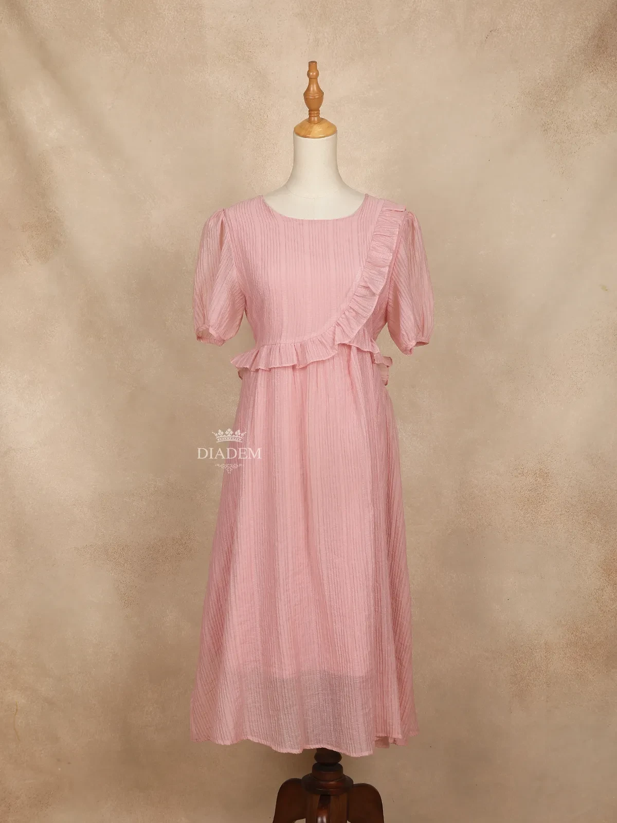 Baby Pink Gown Adorned with Ruffled Design with Stipes Pattern and without Dupatta
