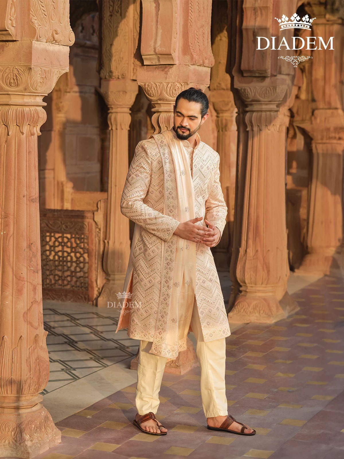 Light Peach Rose Raw Silk Sherwani Suit with Thread work Embroidery paired with Dupatta