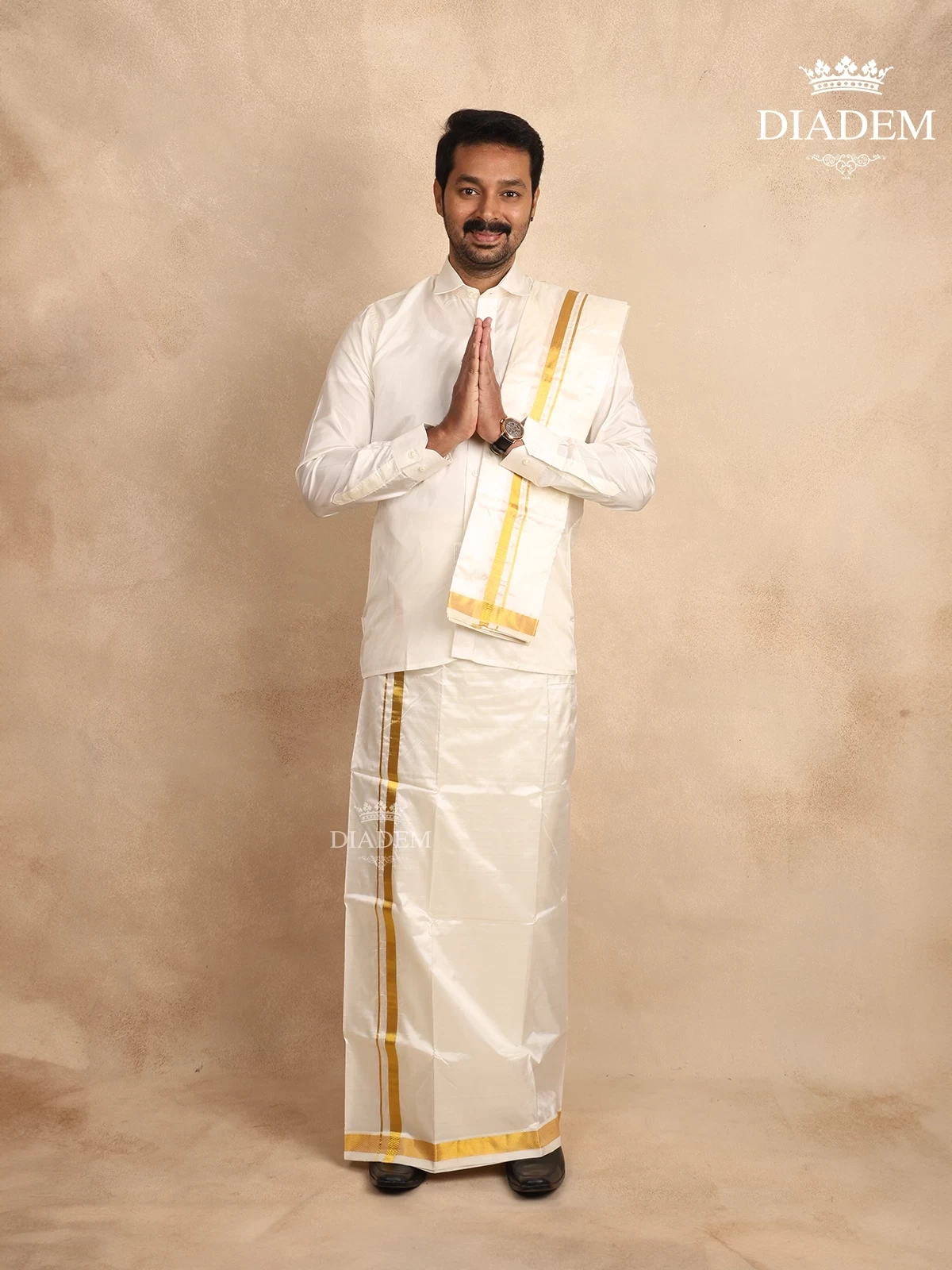 White Pure Silk Dhoti with Shirt, Paired with Towel