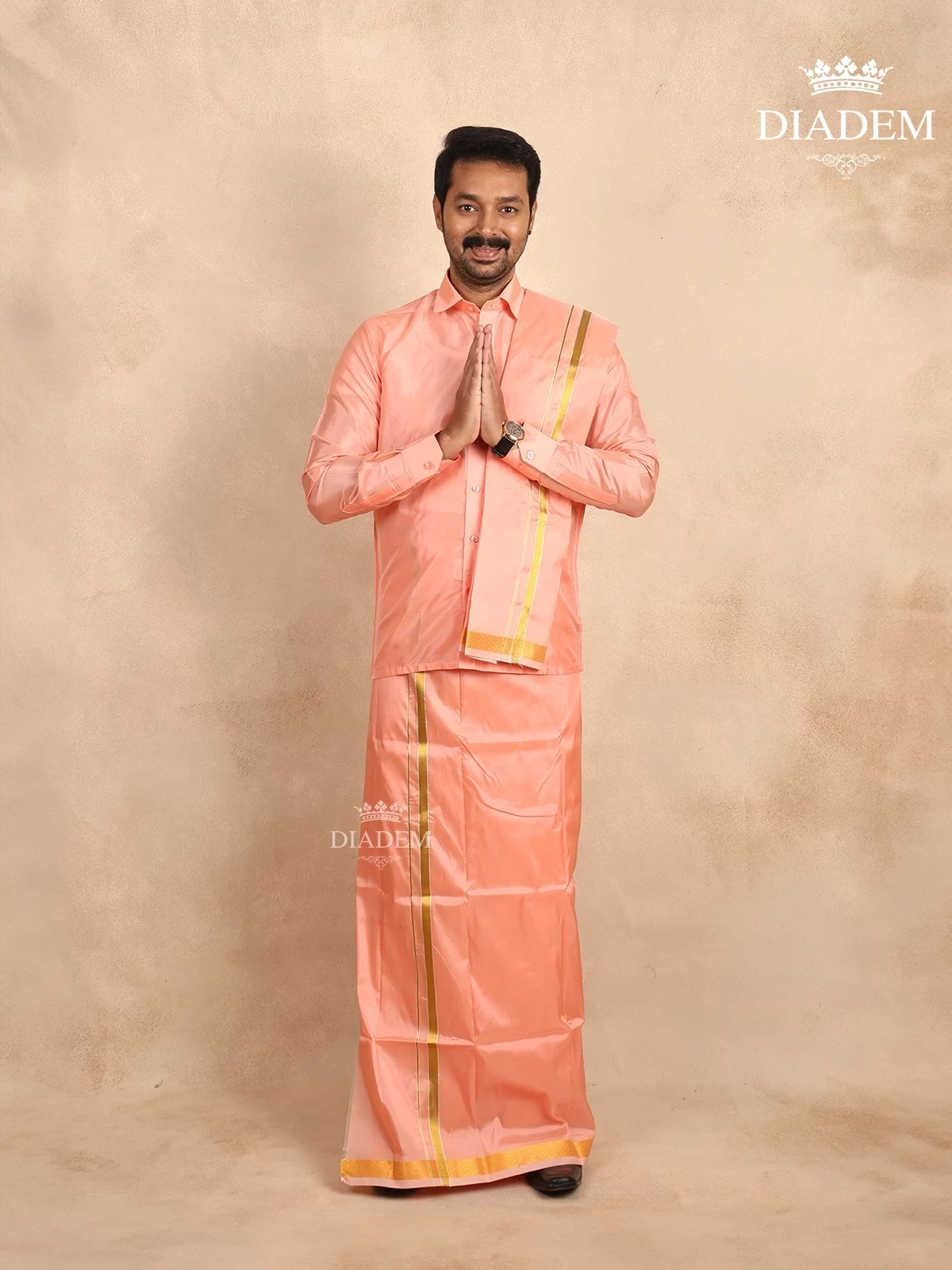 Peach Silk Dhoti with Shirt Paired with Towel