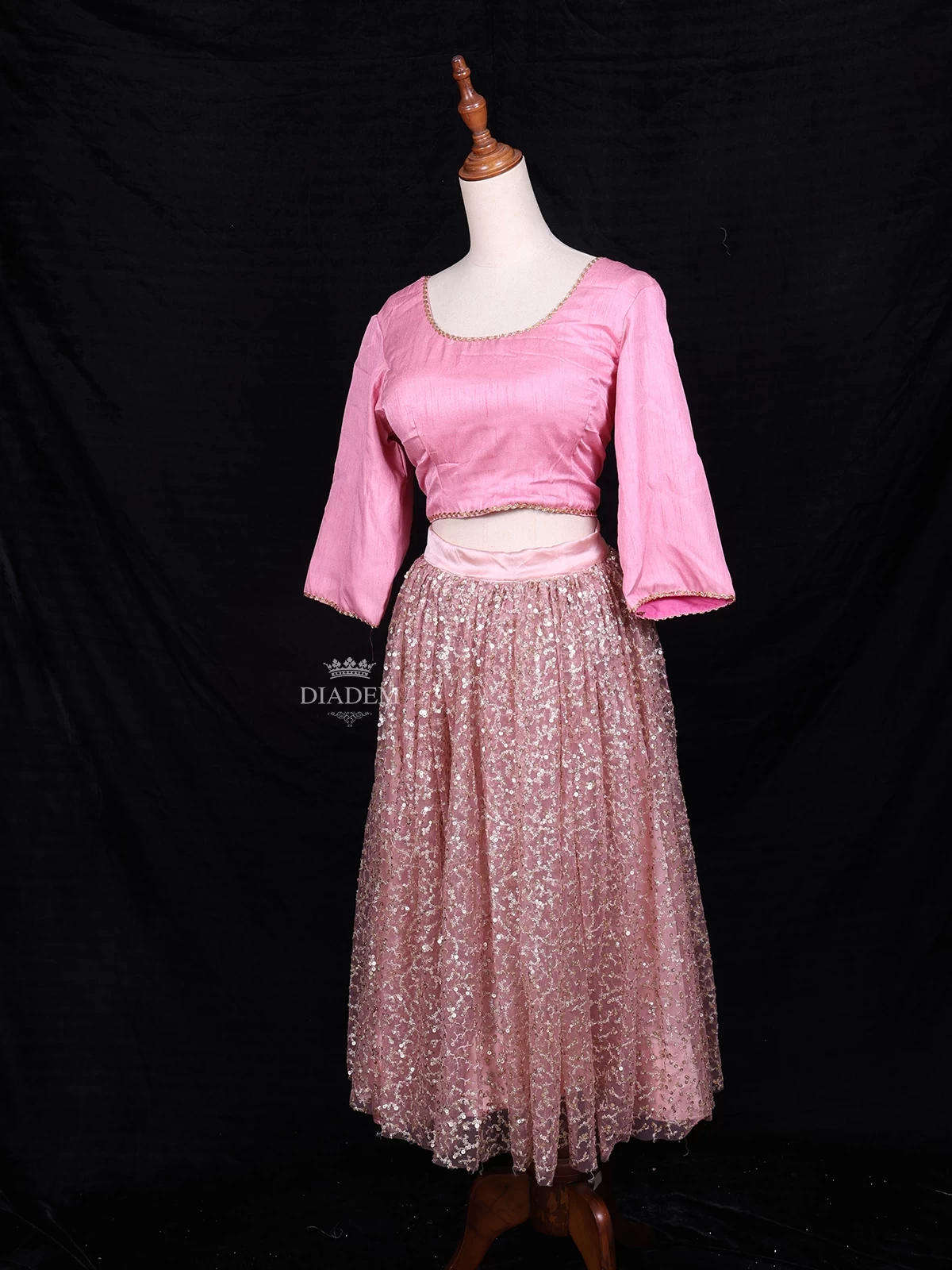 Pink Satin And Net Lehenga Adorned With Glitter Work For Girls