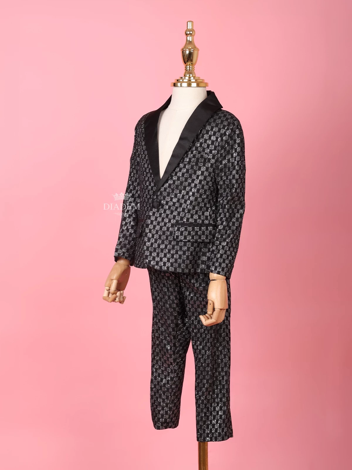 Black And Silver Shimmer Tuxedo With Checked Pattern Coat Suit For Boys