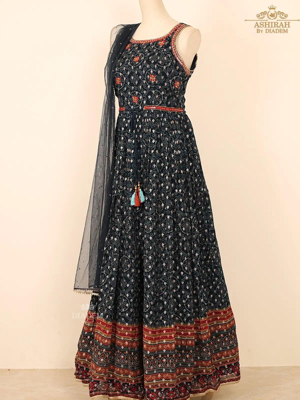 Navy Blue Anarkali Suit Enhanced With Prints And Thread Work Along With Dupatta
