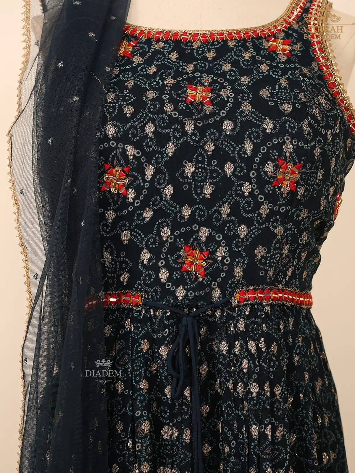 Navy Blue Anarkali Suit Enhanced With Prints And Thread Work Along With Dupatta
