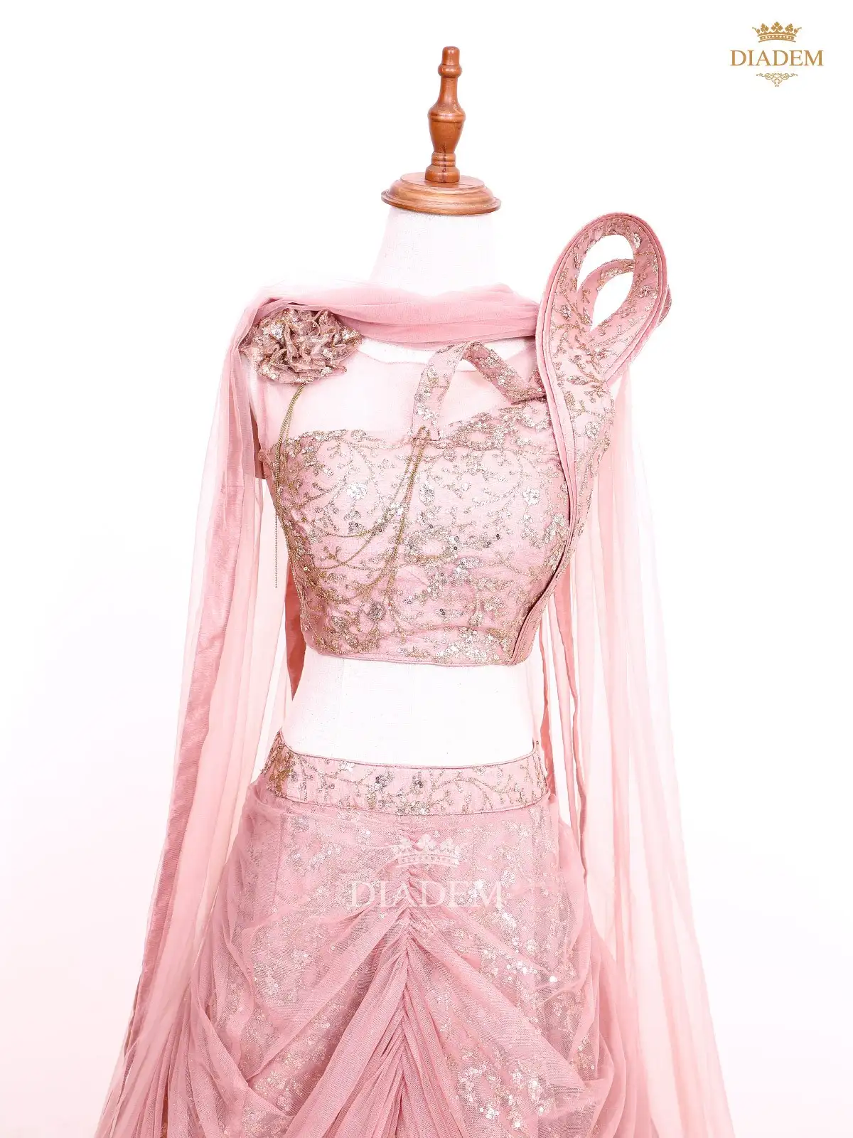 Baby Pink Lehenga Embellished In Floral Laces And Sequins With Dupatta