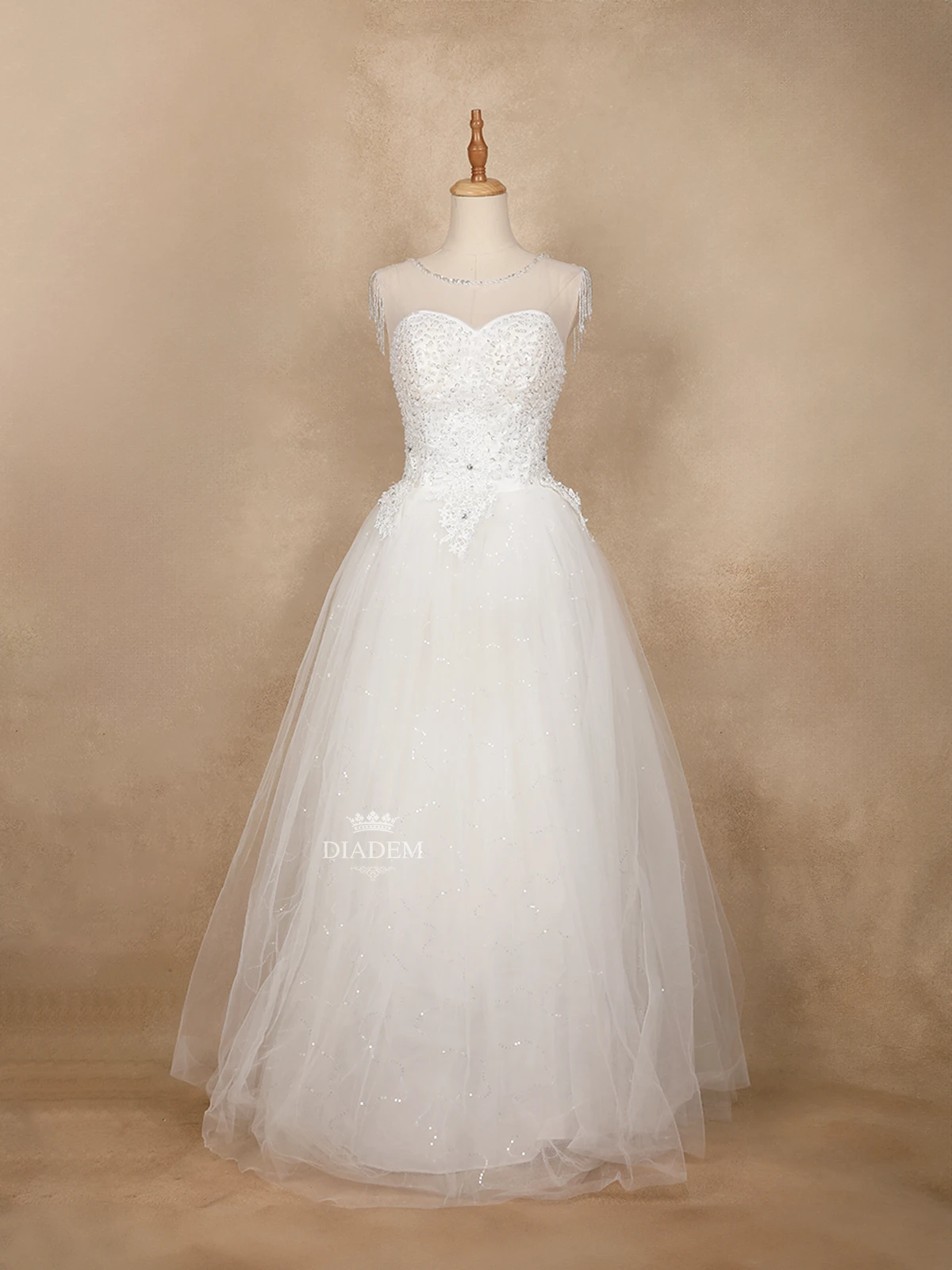 White Wedding Net Gown Adorned with Sequins and Bead Work With Beaded Tassels On Sleeve