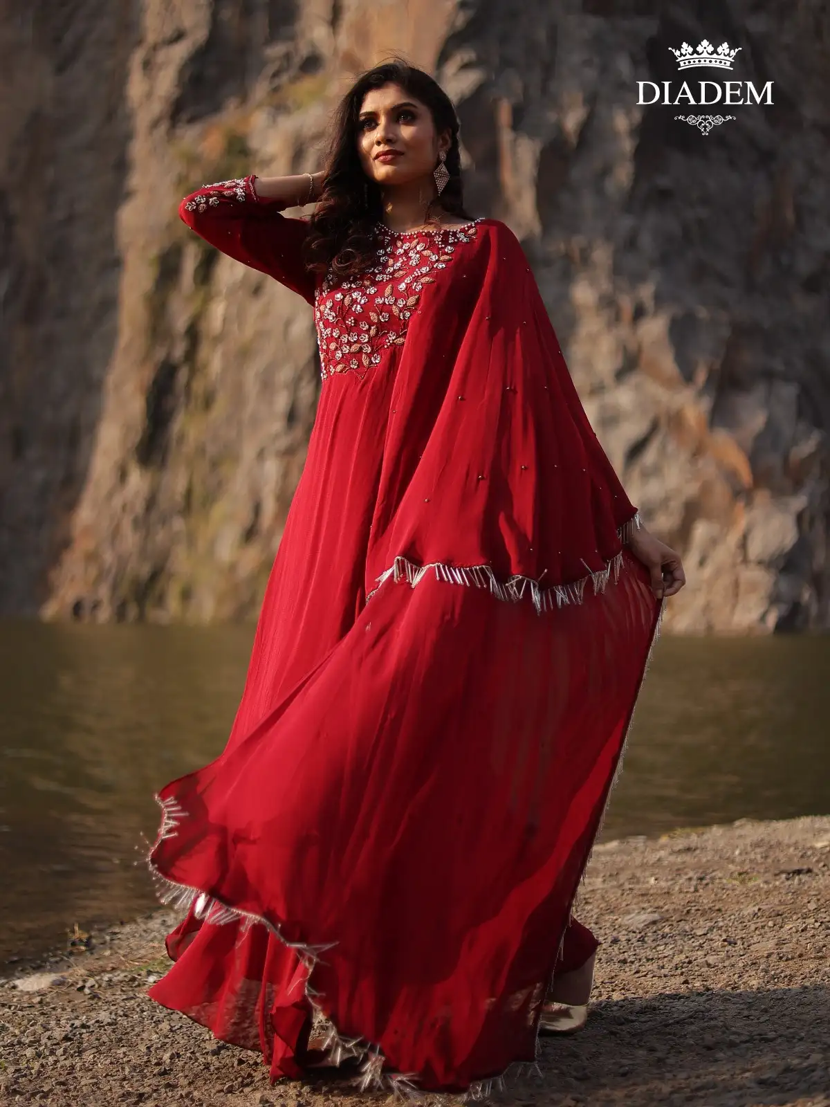 Red Gown Enhanced With Beads And Stones