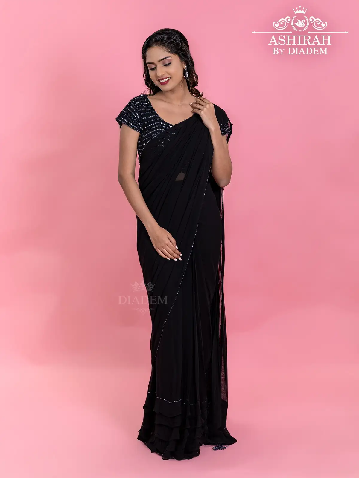 Black Georgette Ready To Wear Saree Along With Beads Embellished Blouse