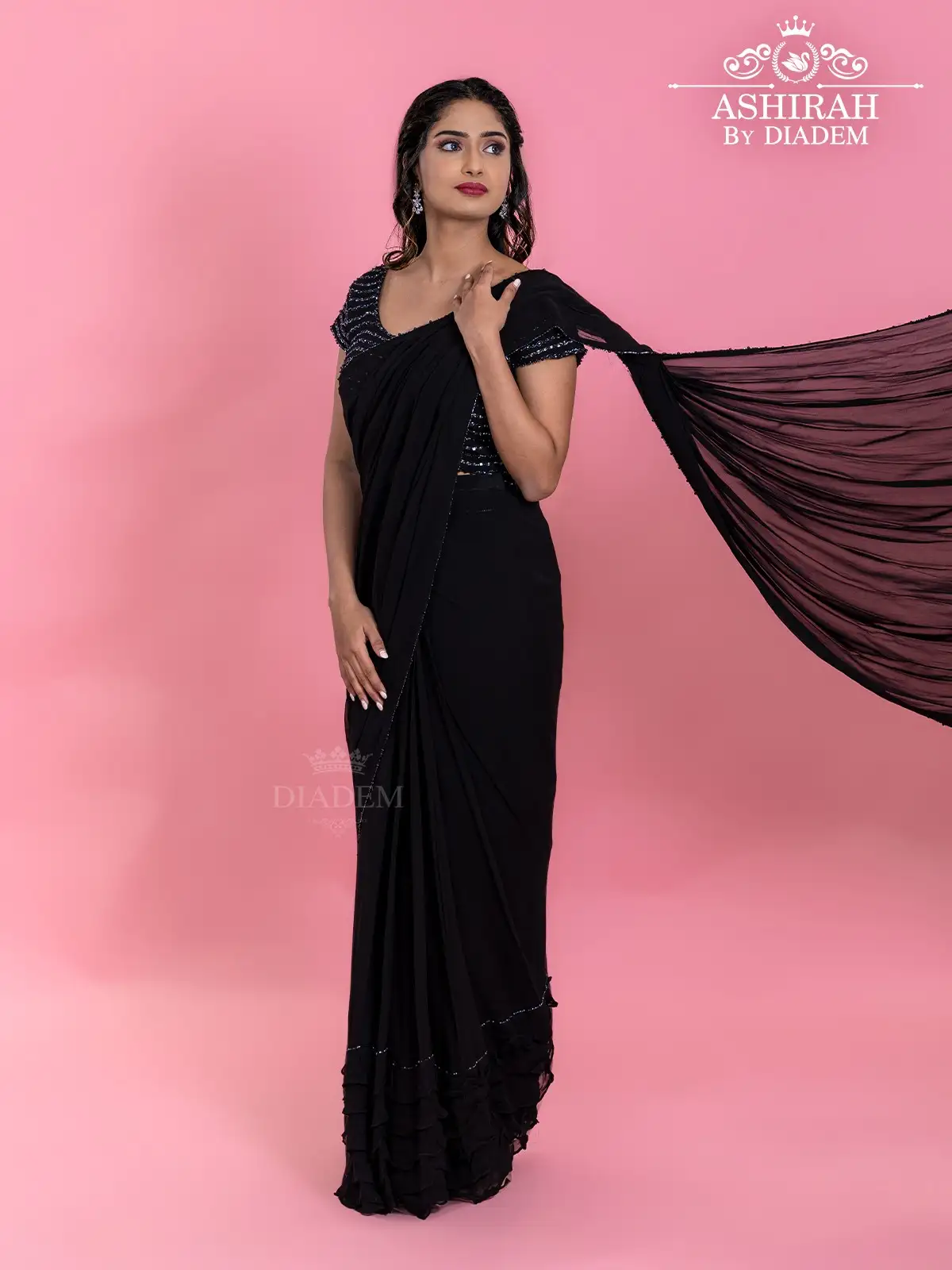 Black Georgette Ready To Wear Saree Along With Beads Embellished Blouse