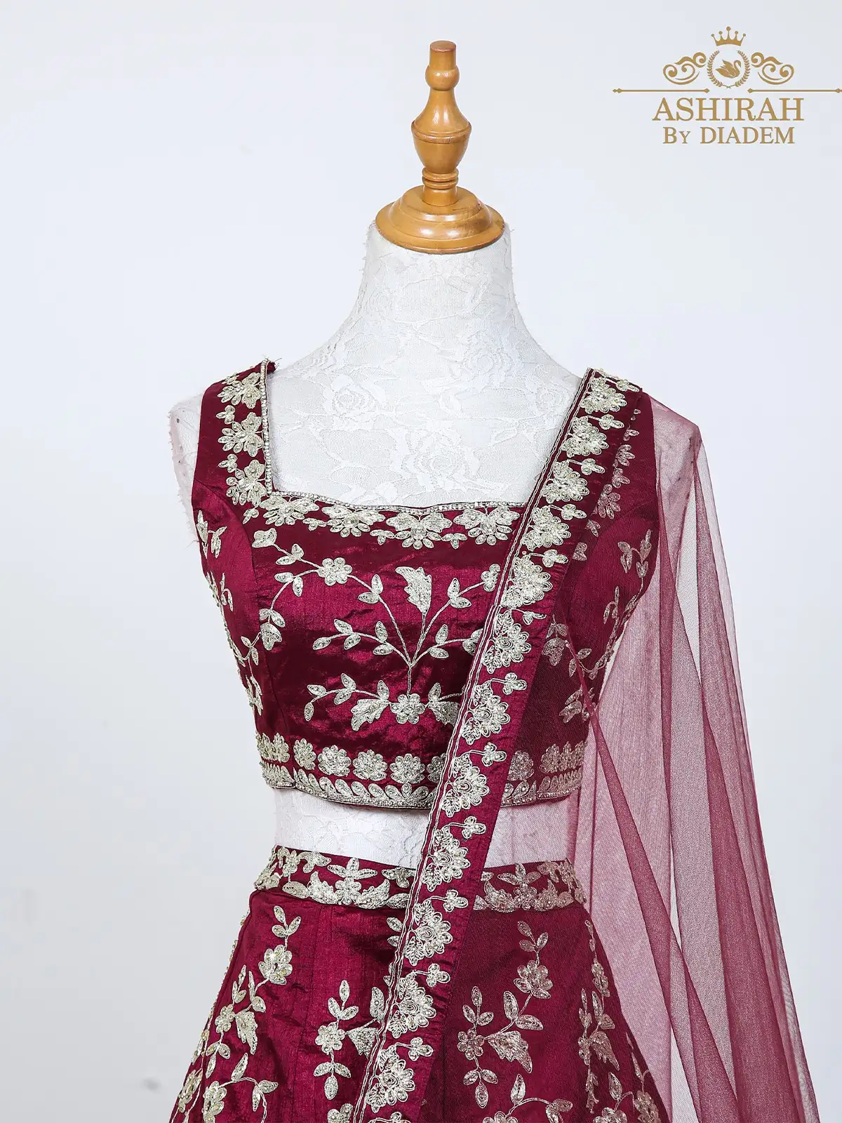 Maroon Raw Silk Lehenga With Floral Embroidered And Dupatta