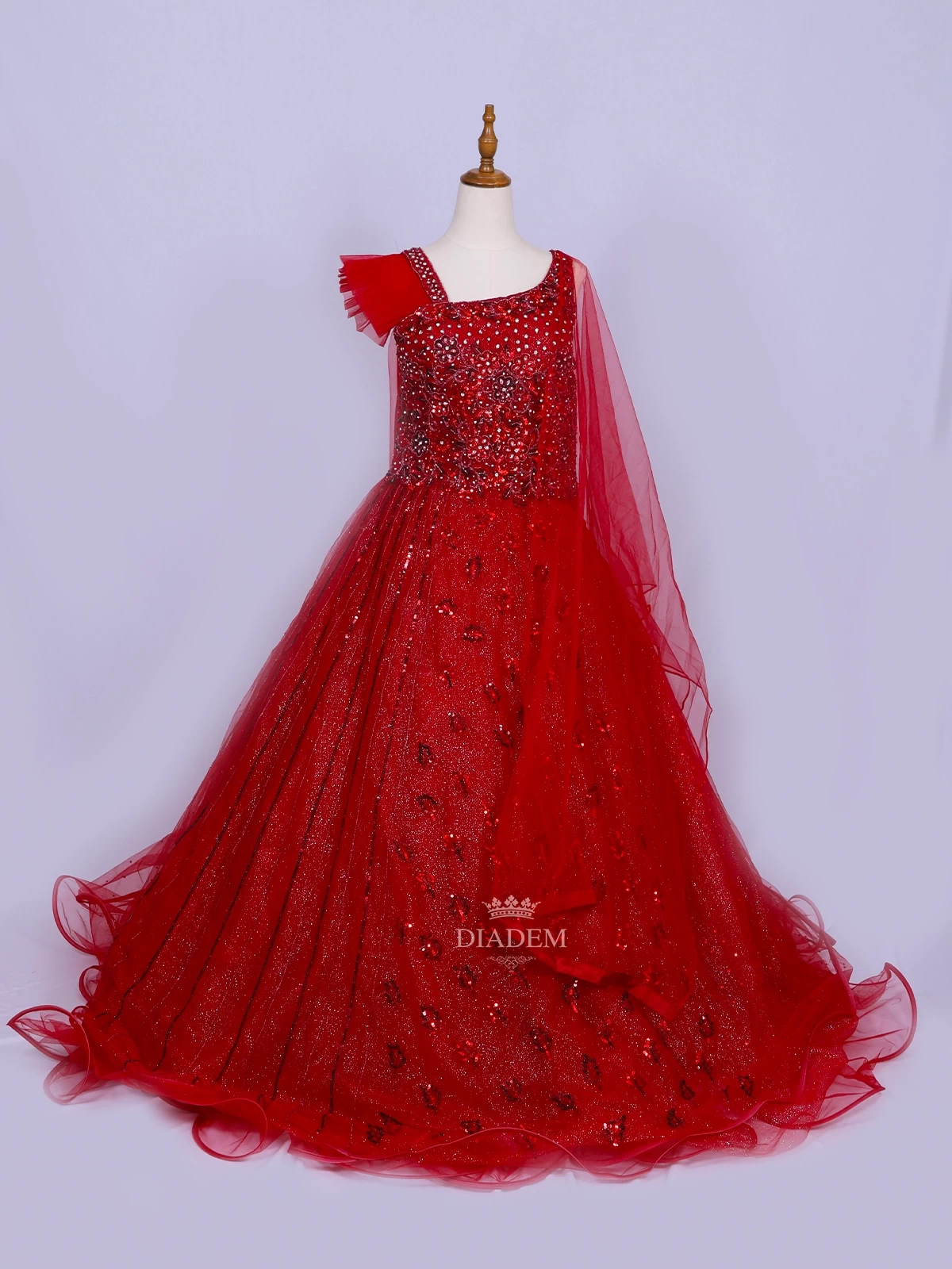 Dark Red Net Asymmetric Gown Embellished With Sequins And Beads