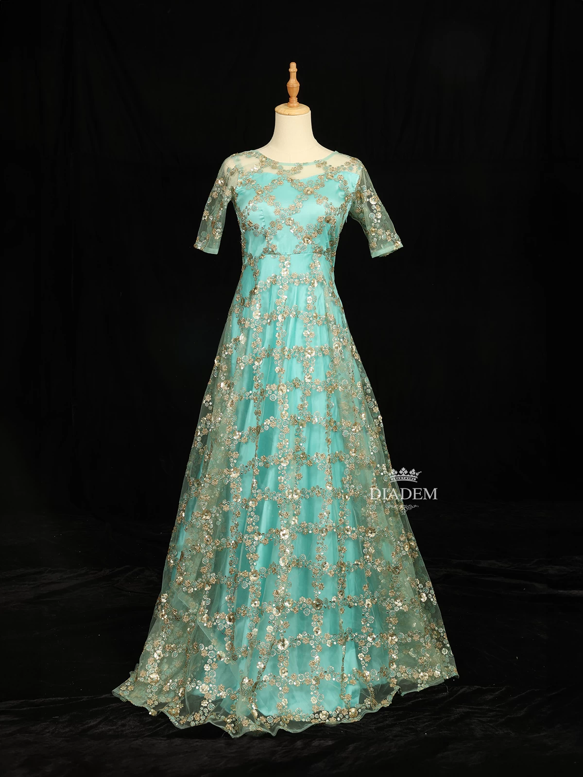 Aqua Blue Net With Satin Gown Embellished With Floral Threadwork And Sequins