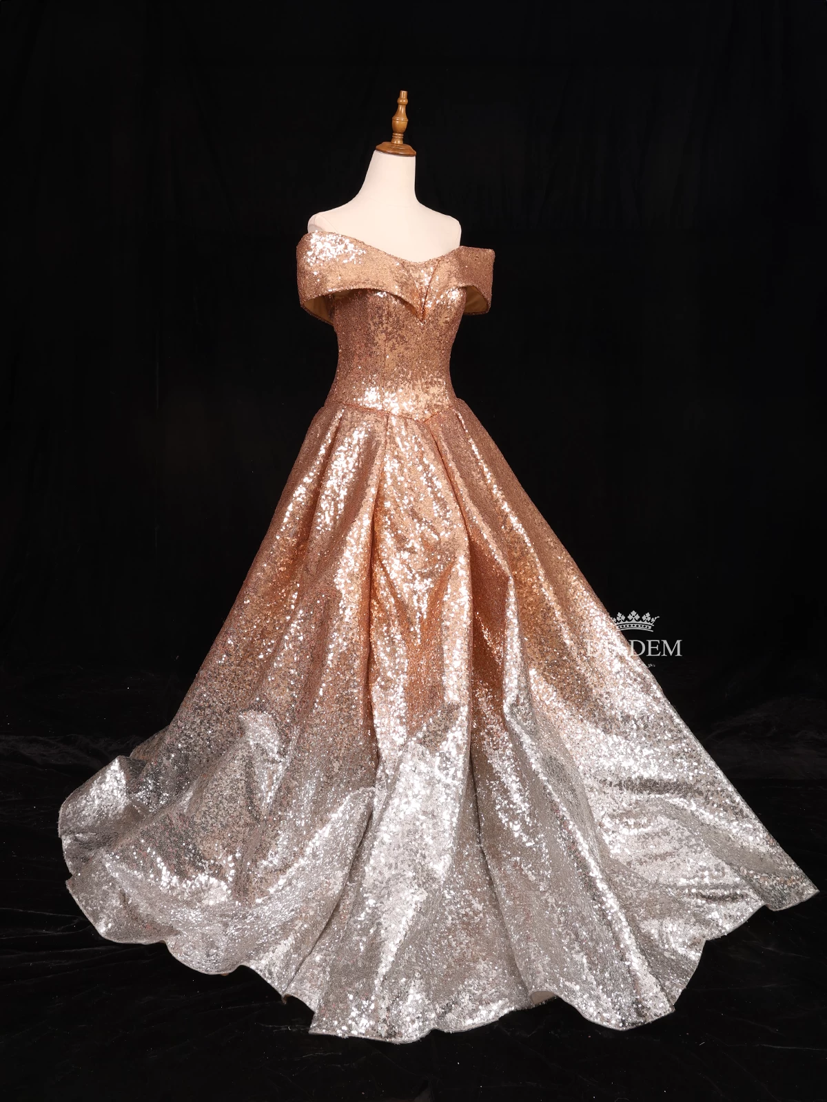 Gold Sequins Net Off-shoulder Gown In Ombre Pattern
