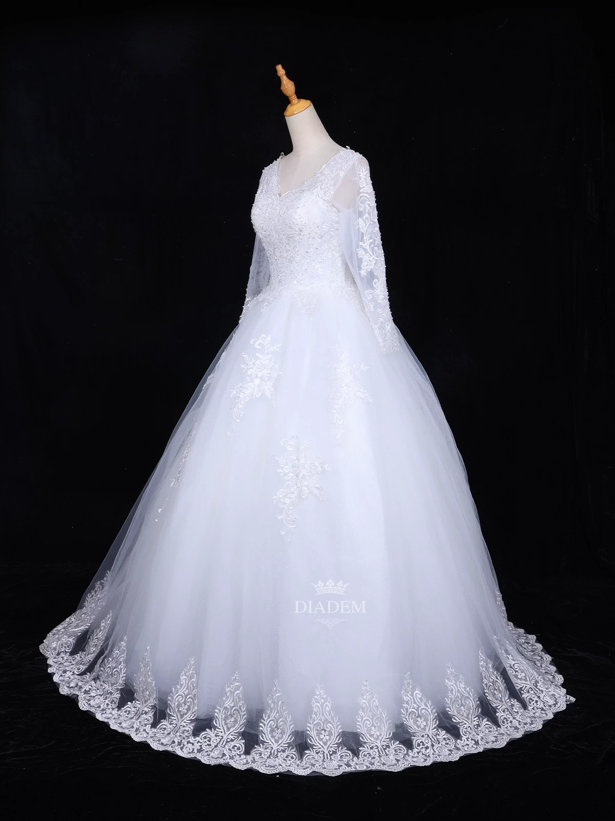 White Net Ball Gown Embellished With Floral Laces And Sequins