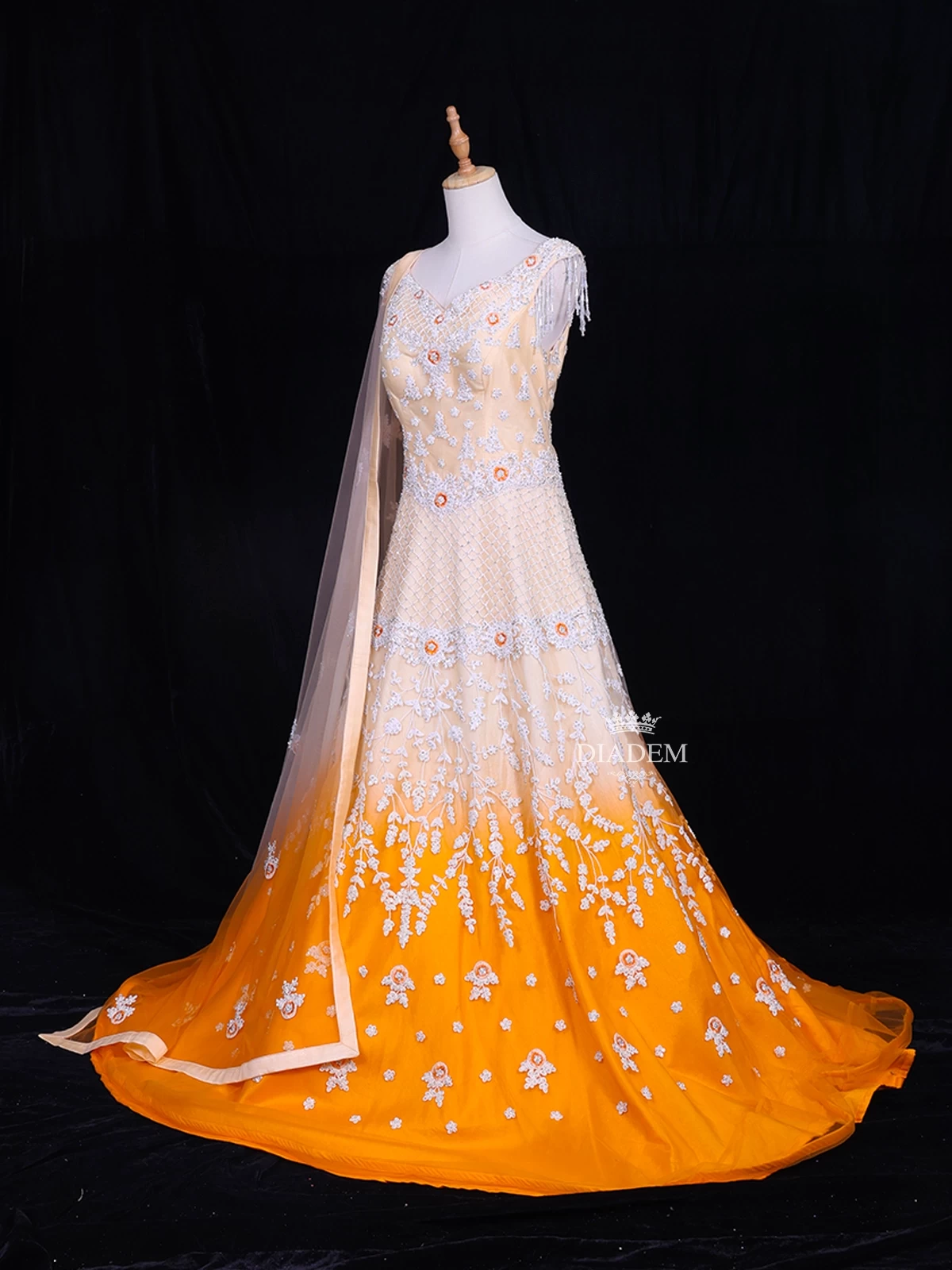 Orange Net Ombre Gown Adorned With Floral Threadwork Embroidery And Stones, Paired With Dupatta