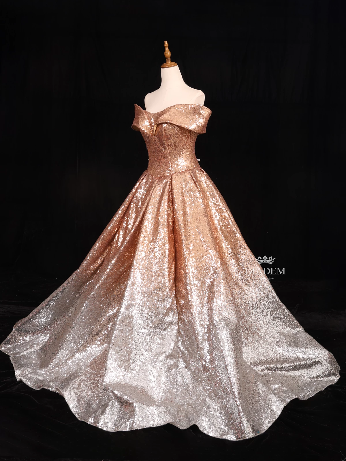 Gold Sequins Net Off-shoulder Gown In Ombre Pattern