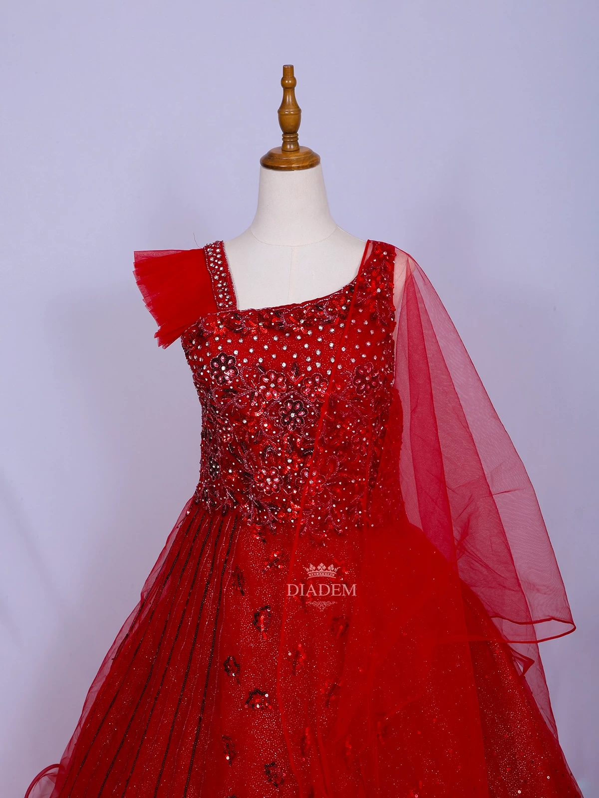 Dark Red Net Asymmetric Gown Embellished With Sequins And Beads