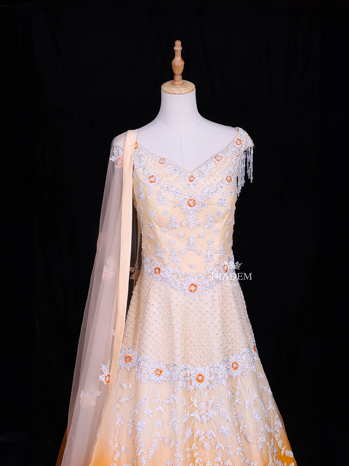 Orange Net Ombre Gown Adorned With Floral Threadwork Embroidery And Stones, Paired With Dupatta