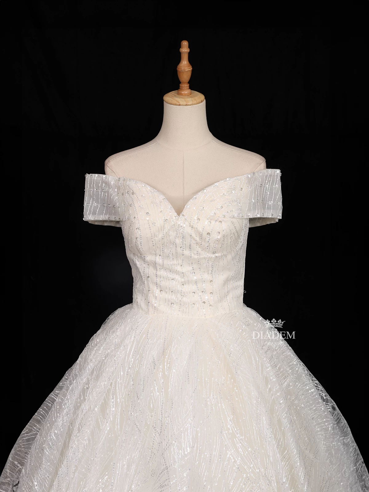 White Net Off-shoulder Ball Gown Embellished With Floral Threadwork And Sequins