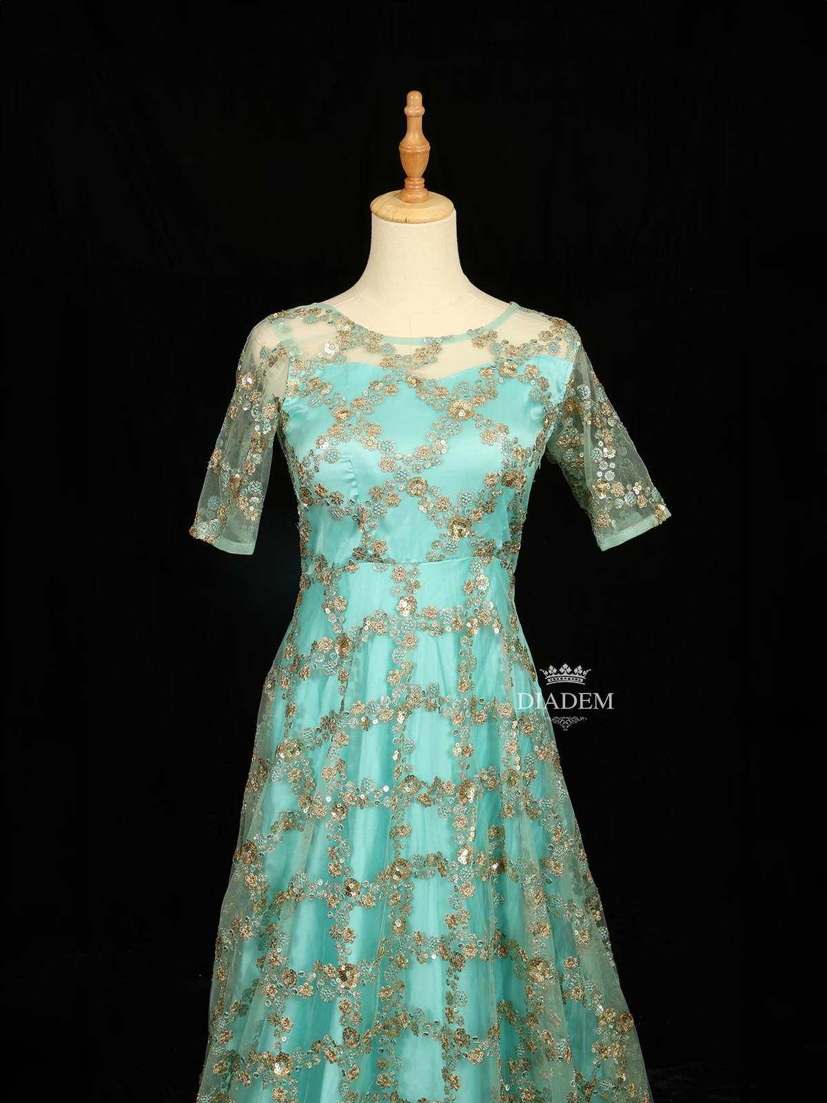 Aqua Blue Net With Satin Gown Embellished With Floral Threadwork And Sequins