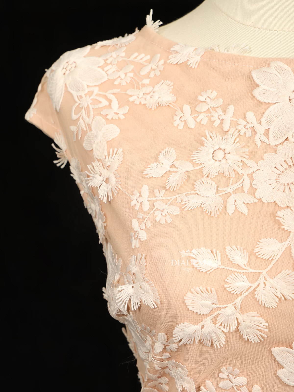 Light Peach Short Gown Adorned With Floral Threadwork Embroidery