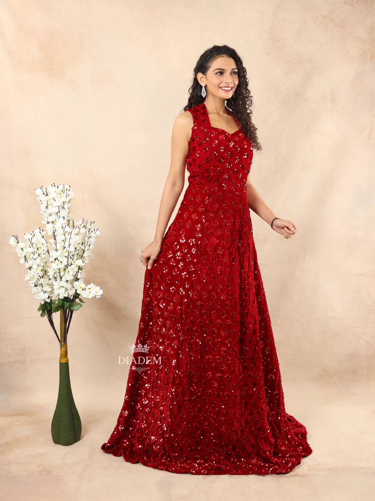 Dark Red Velvet Gown Embellished With Sequins