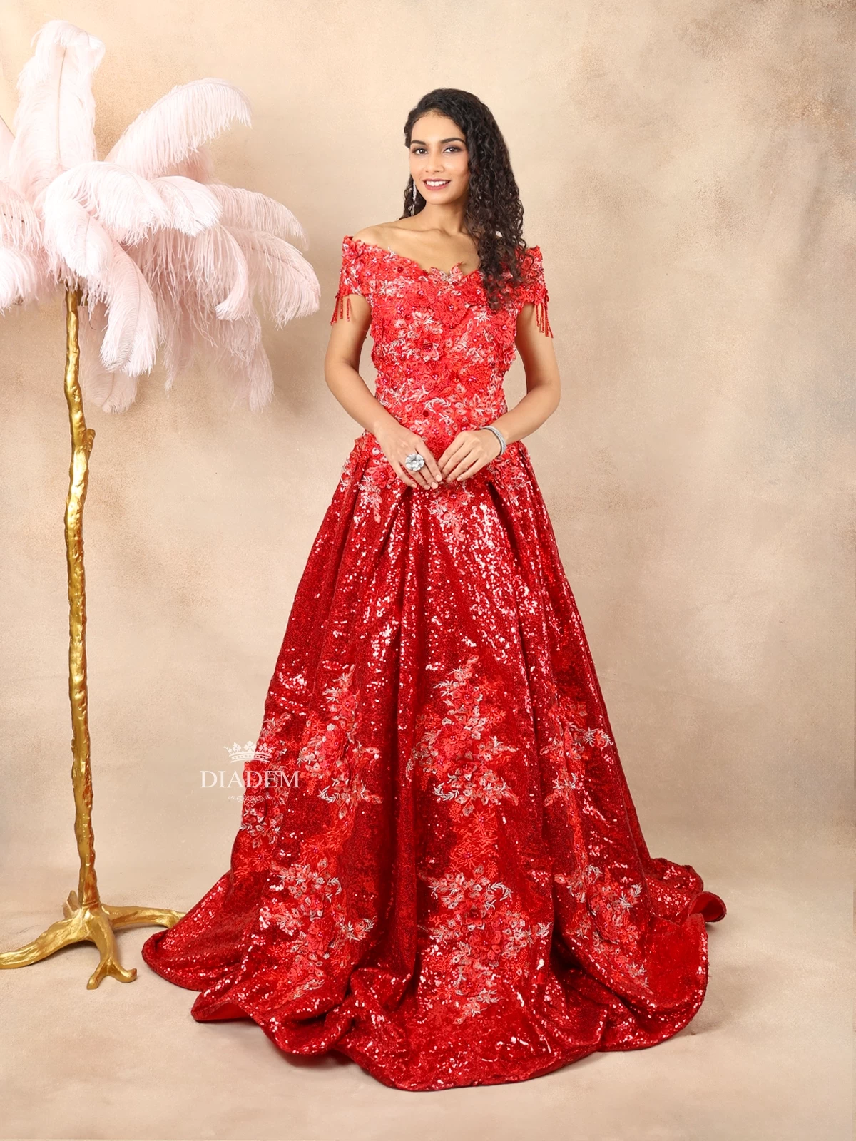 Red Ball Gown Embellished With Sequins And 3d Flowers