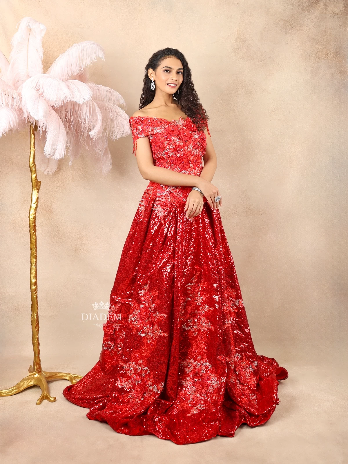 Red Ball Gown Embellished With Sequins And 3d Flowers
