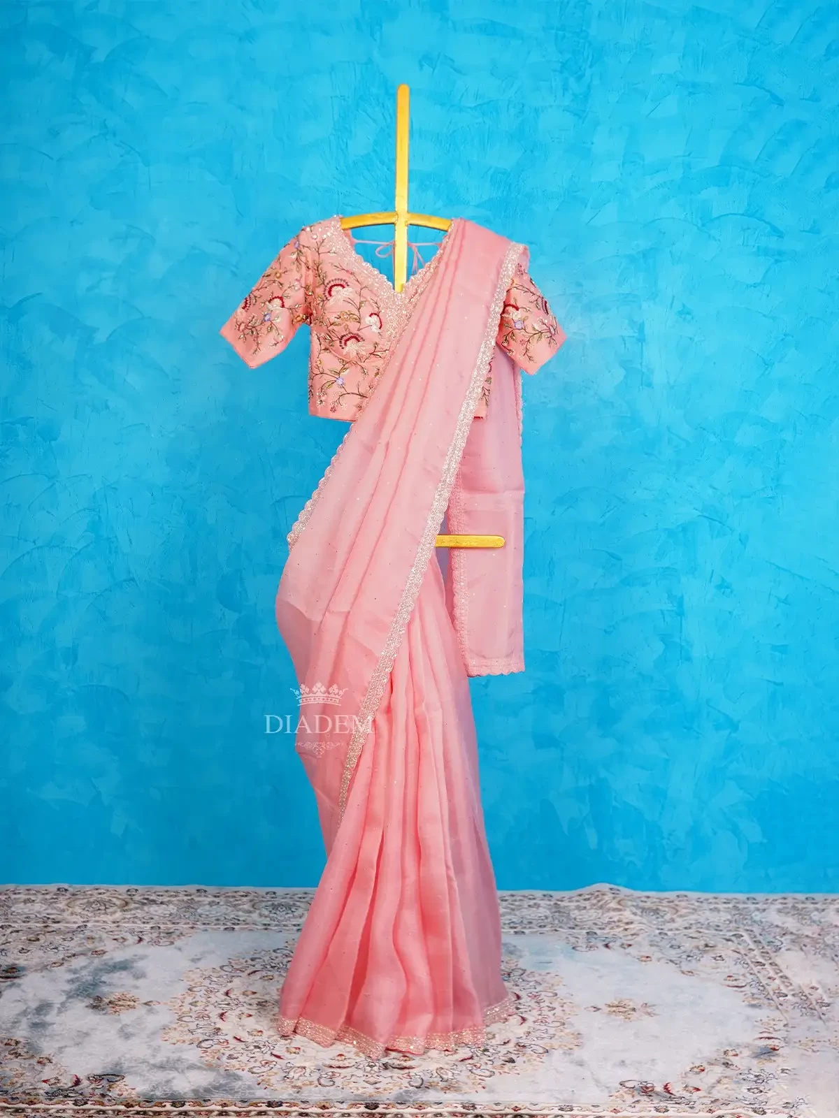 Pink Organza Silk Saree Embellished with Sequins and Beads Border and Designer Blouse