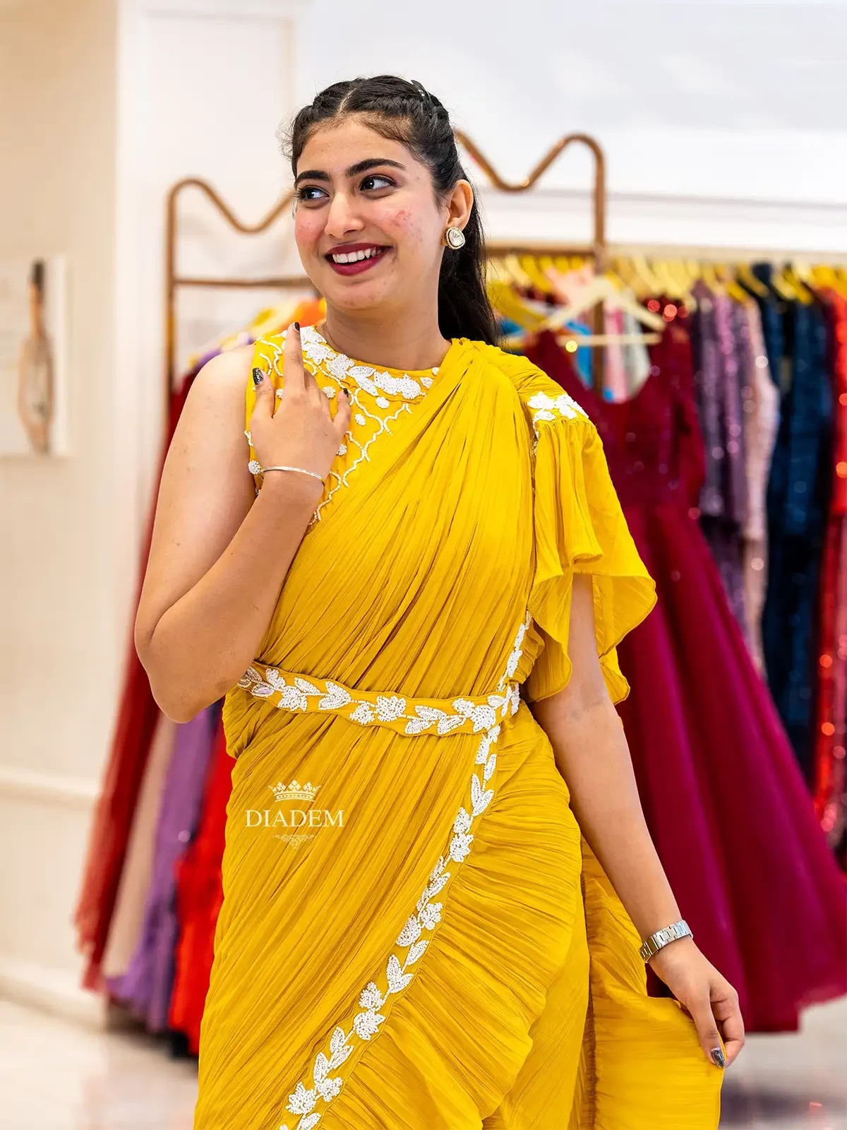 Yellow Georgette Ruffle Saree With Beads Embroidered Blouse And Waist Belt